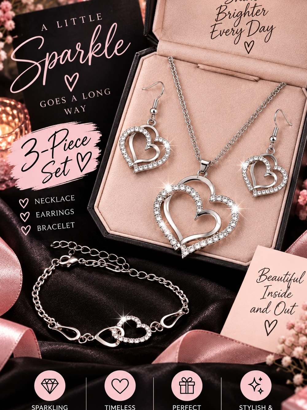 Silver Heart Pendant 3-Piece Jewelry Set - Necklace, Earrings & Bracelet!!